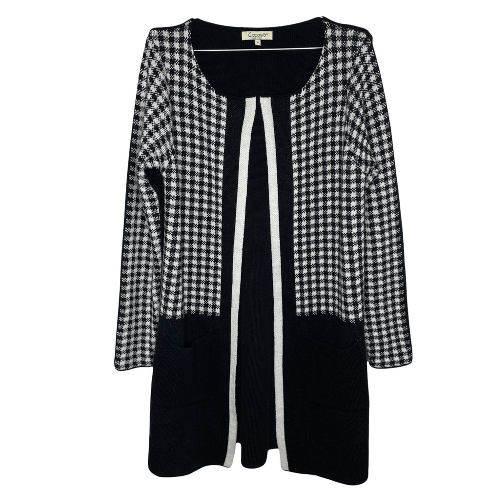 Cocogio Made in Italy Long Sweater Open Front Cardigan Black White Merino Size M